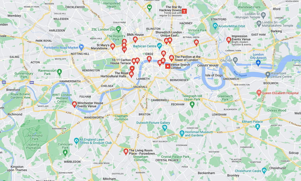 Map search results for venues
